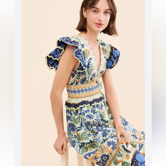 FARM RIO Ocean Tapestry Maxi Dress size XS Flutter Sleeve Floral - Picture 12 of 12